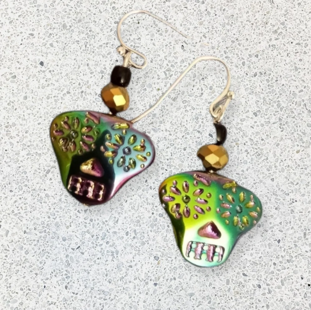 Hand Crafted iridescent and gold crystal skull rainbow Gothic statement earrings
